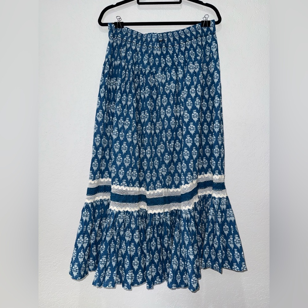 Blue Floral Maxi Skirt with Lace Trim